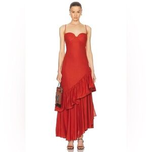 Johanna Ortiz Acércate Más Asymmetric Ruffled Linen-Blend‎ Dress in Deep Carmine